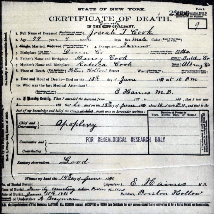 Josiah T. Cook Death Certificate
